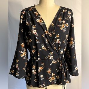Xhiliration Vintage Inspired Wrap Around Blue Floral Blouse Size L